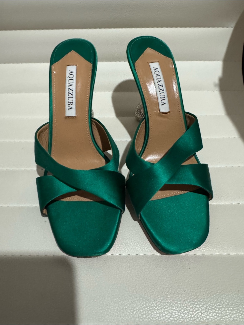 Aquazzura Yes Darling Embellished-heel Satin Mules In Emerald - Picture 5 of 6